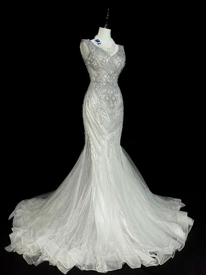 Robe de bal longue sirène vintage années 80, col en V, tulle argenté, sans manches plissées, N1472