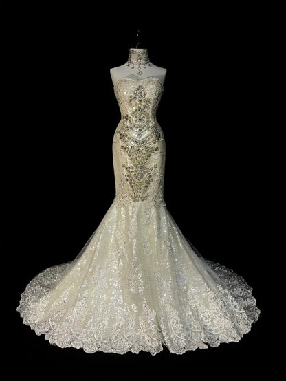 Vintage 80er Jahre Brautkleid Meerjungfrau Herzausschnitt Elfenbein Spitze Tüll Langes Brautkleid Figurbetontes Brautkleid N1470