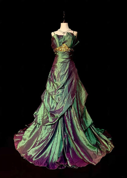 Vintage Meerjungfrauen-Spaghettiträger-Kleid in Traubenfarbe mit Falten, ärmellos, 80er-Jahre-Stil, langes formelles Abendkleid N1471