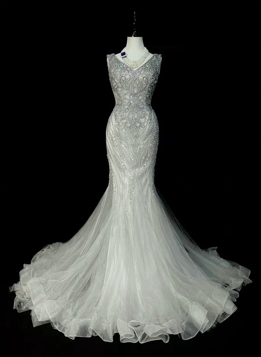 Robe de bal longue sirène vintage années 80, col en V, tulle argenté, sans manches plissées, N1472