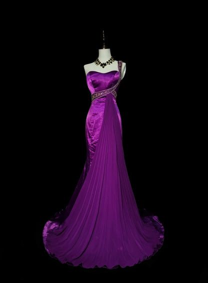 Vintage Meerjungfrauen-Abendkleid aus weinrotem Satin mit Perlenstickerei, One-Shoulder-Schnitt, langes formelles Abendkleid, 2000er Jahre, N1361