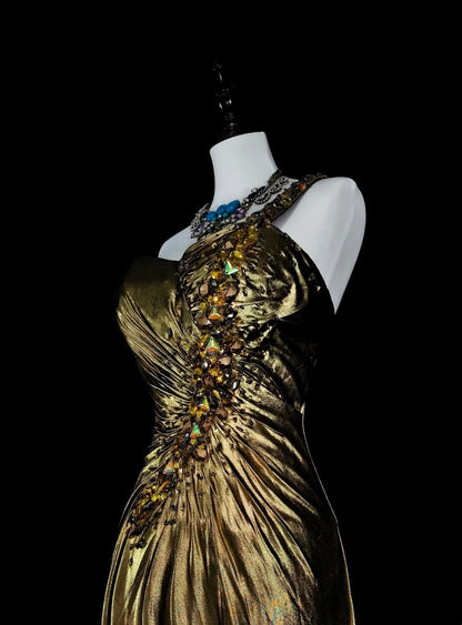 Vintage A-Linien-Abendkleid mit One-Shoulder-Schnitt, goldfarbenen Falten und ärmellosem Rock im 80er-Jahre-Stil, langes formelles Abendkleid N1469