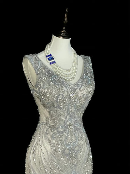 Robe de bal longue sirène vintage années 80, col en V, tulle argenté, sans manches plissées, N1472