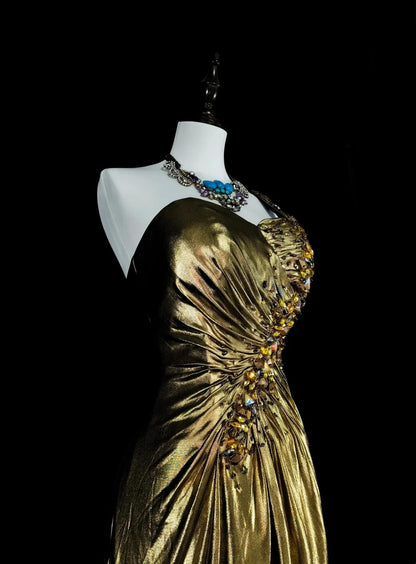 Vintage A-Linien-Abendkleid mit One-Shoulder-Schnitt, goldfarbenen Falten und ärmellosem Rock im 80er-Jahre-Stil, langes formelles Abendkleid N1469