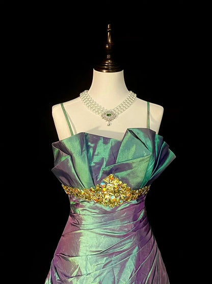 Vintage Meerjungfrauen-Spaghettiträger-Kleid in Traubenfarbe mit Falten, ärmellos, 80er-Jahre-Stil, langes formelles Abendkleid N1471