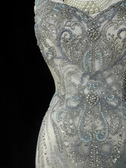 Robe de bal longue sirène vintage années 80, col en V, tulle argenté, sans manches plissées, N1472