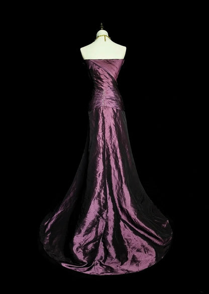 Robe de bal longue sirène vintage sans bretelles en taffetas violet, années 2000, plissée, N1360