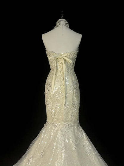 Vintage 80er Jahre Brautkleid Meerjungfrau Herzausschnitt Elfenbein Spitze Tüll Langes Brautkleid Figurbetontes Brautkleid N1470
