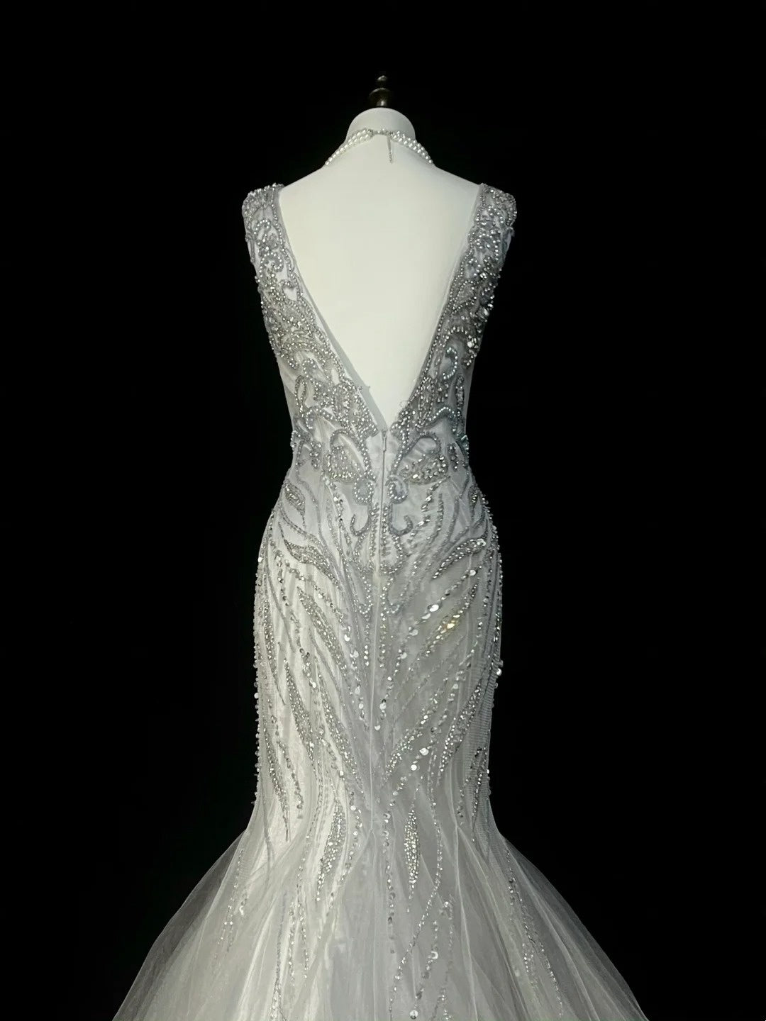 Robe de bal longue sirène vintage années 80, col en V, tulle argenté, sans manches plissées, N1472