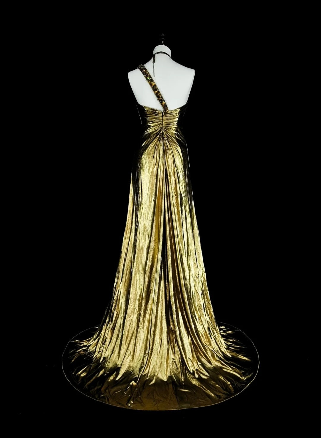 Vintage A-Linien-Abendkleid mit One-Shoulder-Schnitt, goldfarbenen Falten und ärmellosem Rock im 80er-Jahre-Stil, langes formelles Abendkleid N1469