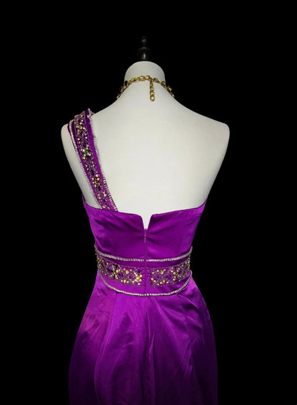 Vintage Meerjungfrauen-Abendkleid aus weinrotem Satin mit Perlenstickerei, One-Shoulder-Schnitt, langes formelles Abendkleid, 2000er Jahre, N1361