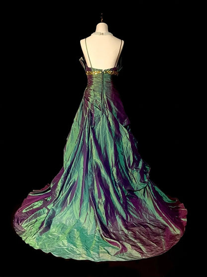 Vintage Meerjungfrauen-Spaghettiträger-Kleid in Traubenfarbe mit Falten, ärmellos, 80er-Jahre-Stil, langes formelles Abendkleid N1471