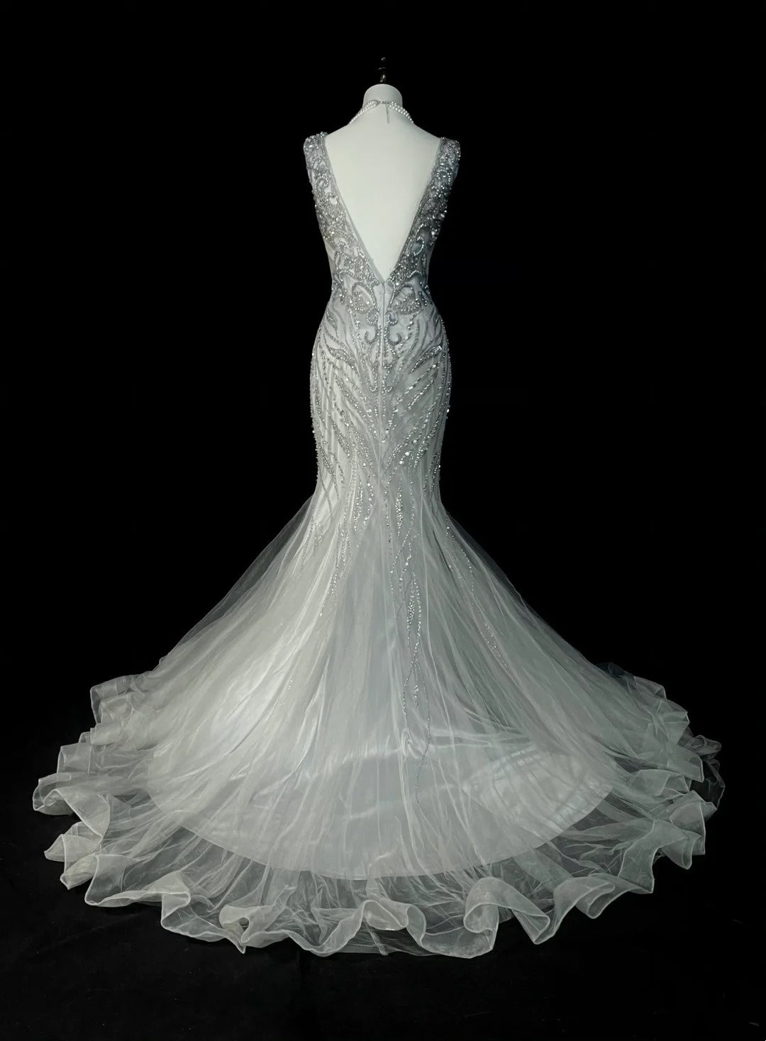Robe de bal longue sirène vintage années 80, col en V, tulle argenté, sans manches plissées, N1472