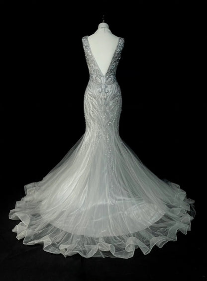 Robe de bal longue sirène vintage années 80, col en V, tulle argenté, sans manches plissées, N1472
