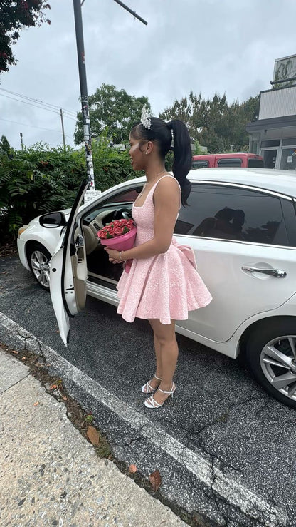 Sweet Ball Gown Square Neck Sequins Pink Sleeveless Short Mini 16th Birthday Dresses Hoco Outfits N1916