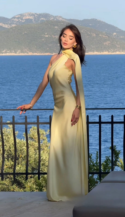 Modest Mermaid High Neck Yellow Satin Long Evening Spring Summer Beach Formal Wedding Guest Dresses N2776