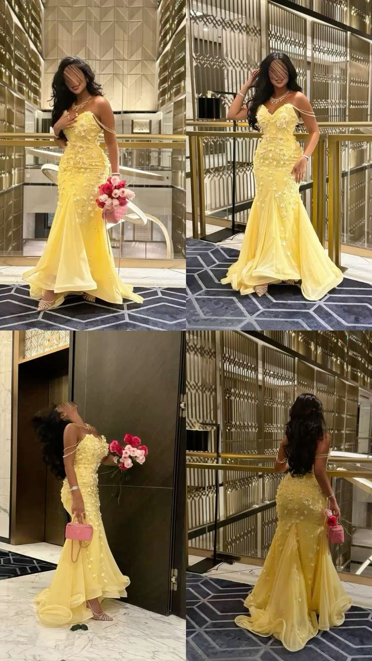 Élégante robe de bal sirène bustier cœur jaune sans manches en tulle dentelle pour femmes, jeunes filles et adolescentes N2274