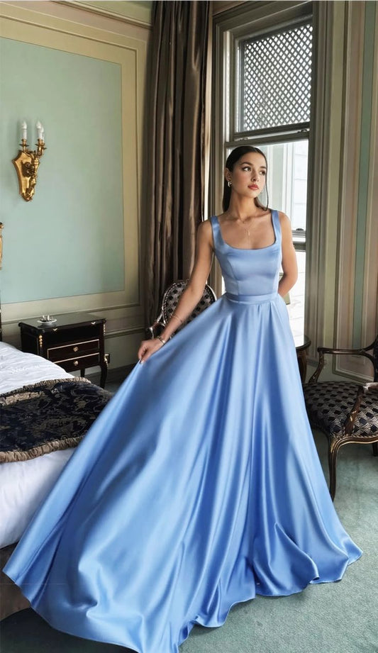 Niedliches, ärmelloses, blaues Satin-Abendkleid in A-Linie mit eckigem Ausschnitt, langes Abendkleid AB218