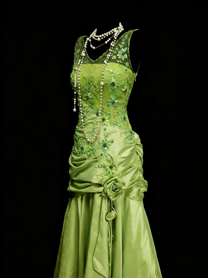 Vintage Ballkleider Ästhetik 1960er Jahre Retro V-Ausschnitt Grünes Chiffon Meerjungfrau Langes Partykleid N2137