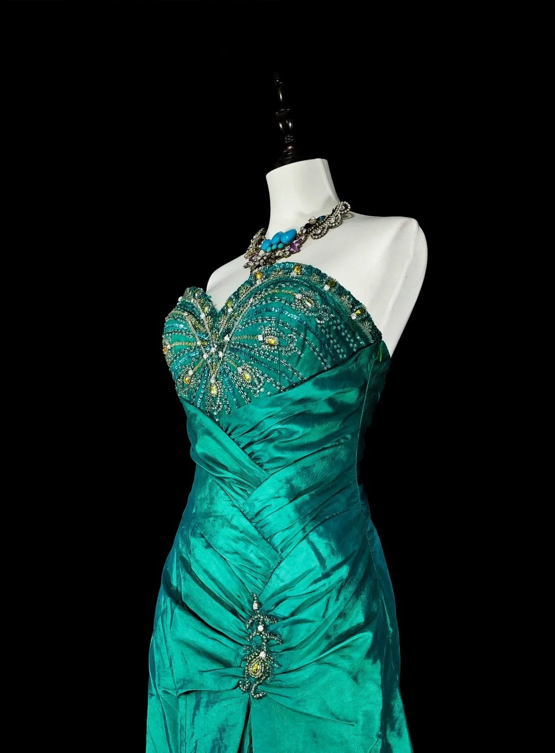 Vintage Meerjungfrauen-Abendkleid, dunkelgrün, 70er Jahre, mit plissierten Perlen, langes Ballkleid, Partykleid N1839