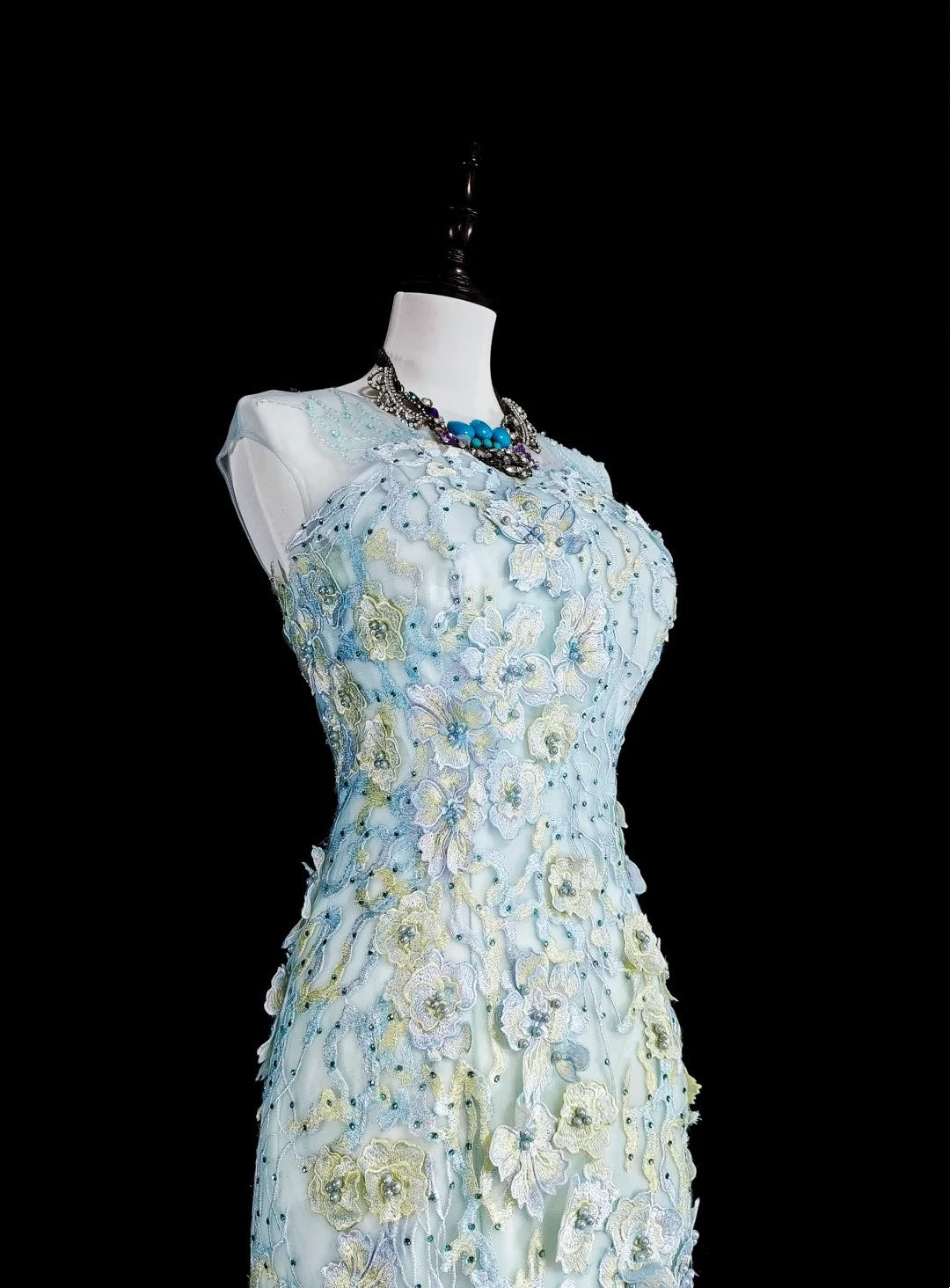 Vintage-Abendkleider, ästhetisches Meerjungfrauen-Kleid, hellblauer Tüll, Spitze, klassisches Partykleid N2002