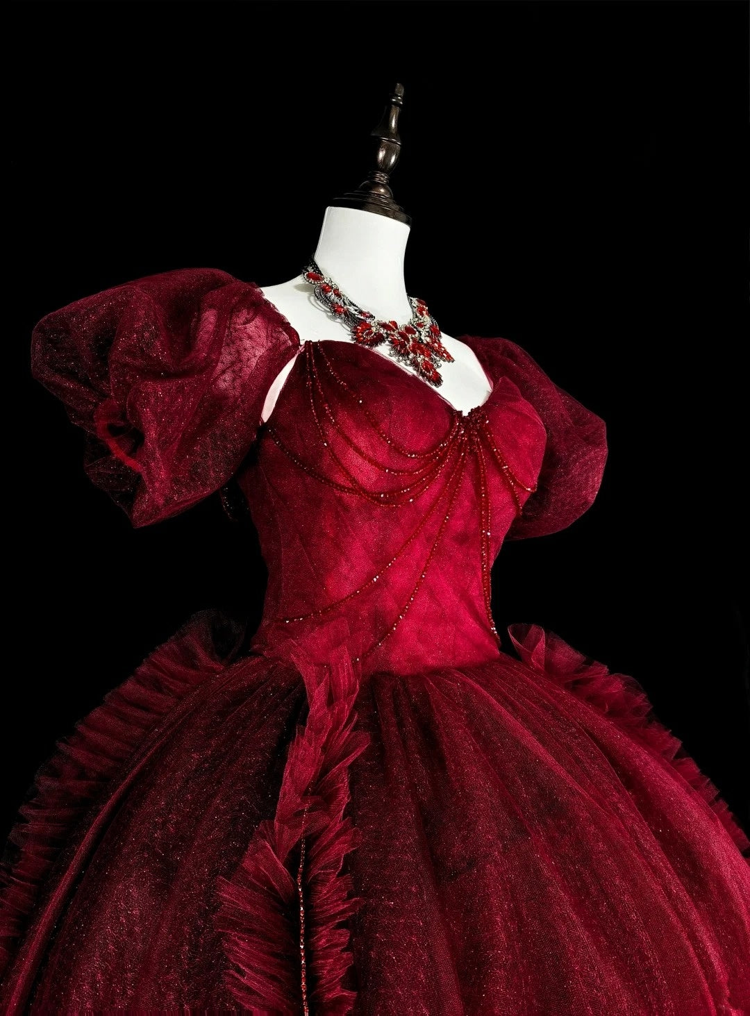 Vintage Abschlussballkleider Ballkleid Trägerlos Weinrot Tüll Burgund 2000er Jahre Langes Partykleid N2379
