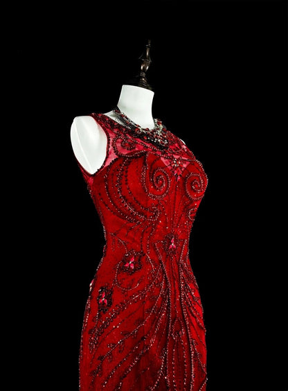 Robe de soirée sirène vintage en tulle rouge, style années 80, robe de bal longue N1759
