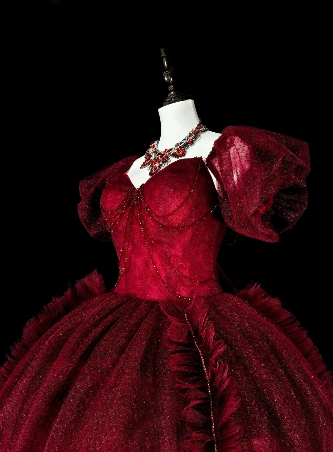 Vintage Abschlussballkleider Ballkleid Trägerlos Weinrot Tüll Burgund 2000er Jahre Langes Partykleid N2379