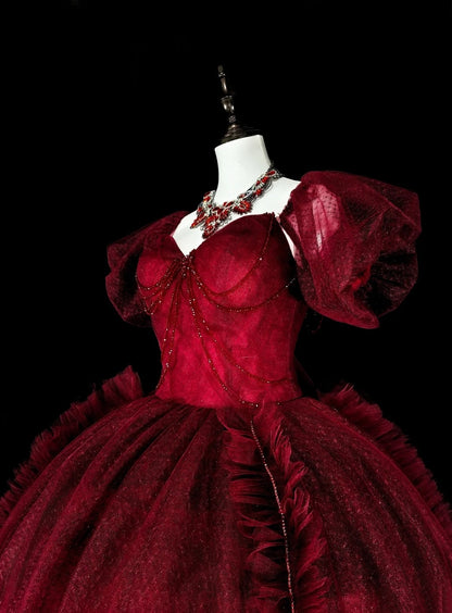 Vintage Abschlussballkleider Ballkleid Trägerlos Weinrot Tüll Burgund 2000er Jahre Langes Partykleid N2379