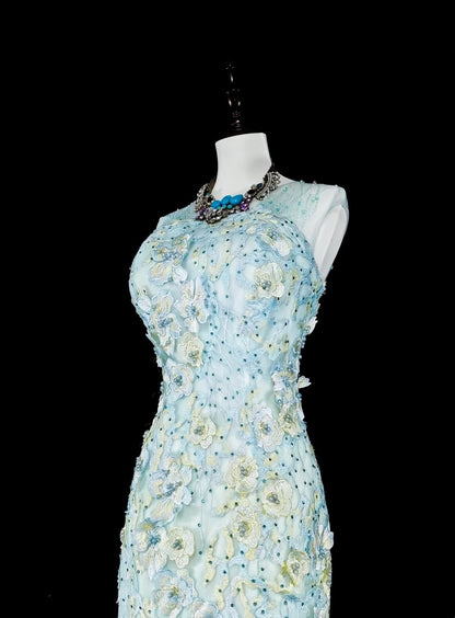 Vintage-Abendkleider, ästhetisches Meerjungfrauen-Kleid, hellblauer Tüll, Spitze, klassisches Partykleid N2002
