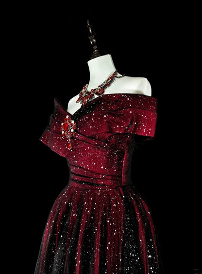Robes de Bal Rêveuses Vintage Années 90 Rétro Épaules Dénudées Coupe Évasée Bordeaux Noir Longues Tenues de Soirée N2374