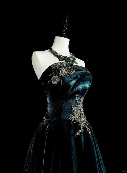 Robe de bal longue vintage années 70, coupe trapèze, bustier, en velours vert foncé avec appliques dorées, référence N1845