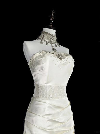 Robes de Mariée Uniques Sirène Bustier Dentelle Sans Manches Longue Robe de Mariée Blanche N3512