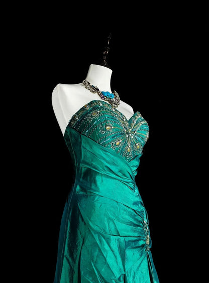 Vintage Meerjungfrauen-Abendkleid, dunkelgrün, 70er Jahre, mit plissierten Perlen, langes Ballkleid, Partykleid N1839