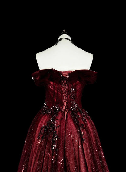 Schulterfreies, glitzerndes A-Linien-Abendkleid in Burgunderrot mit Applikationen, weinrotes Partykleid N1777