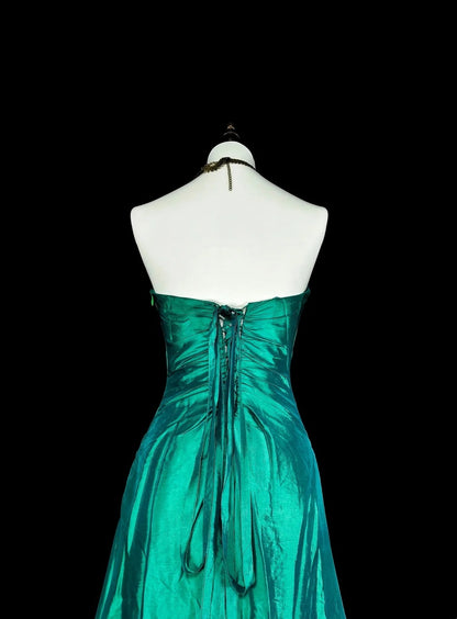 Vintage Meerjungfrauen-Abendkleid, dunkelgrün, 70er Jahre, mit plissierten Perlen, langes Ballkleid, Partykleid N1839