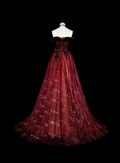 Schulterfreies, glitzerndes A-Linien-Abendkleid in Burgunderrot mit Applikationen, weinrotes Partykleid N1777