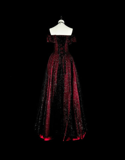 Robes de Bal Rêveuses Vintage Années 90 Rétro Épaules Dénudées Coupe Évasée Bordeaux Noir Longues Tenues de Soirée N2374
