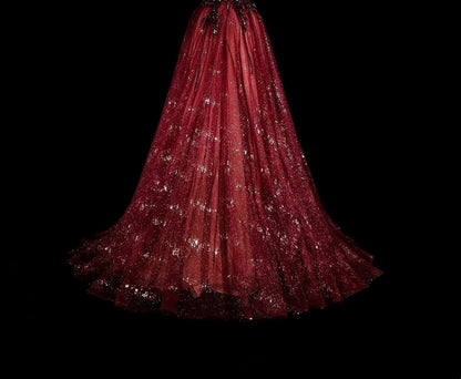 Schulterfreies, glitzerndes A-Linien-Abendkleid in Burgunderrot mit Applikationen, weinrotes Partykleid N1777