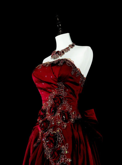 Vintage 1760s A Line Strapless Wine Red With Back Bow-knot Sleeveless Pleated Long Prom Dresses N1591