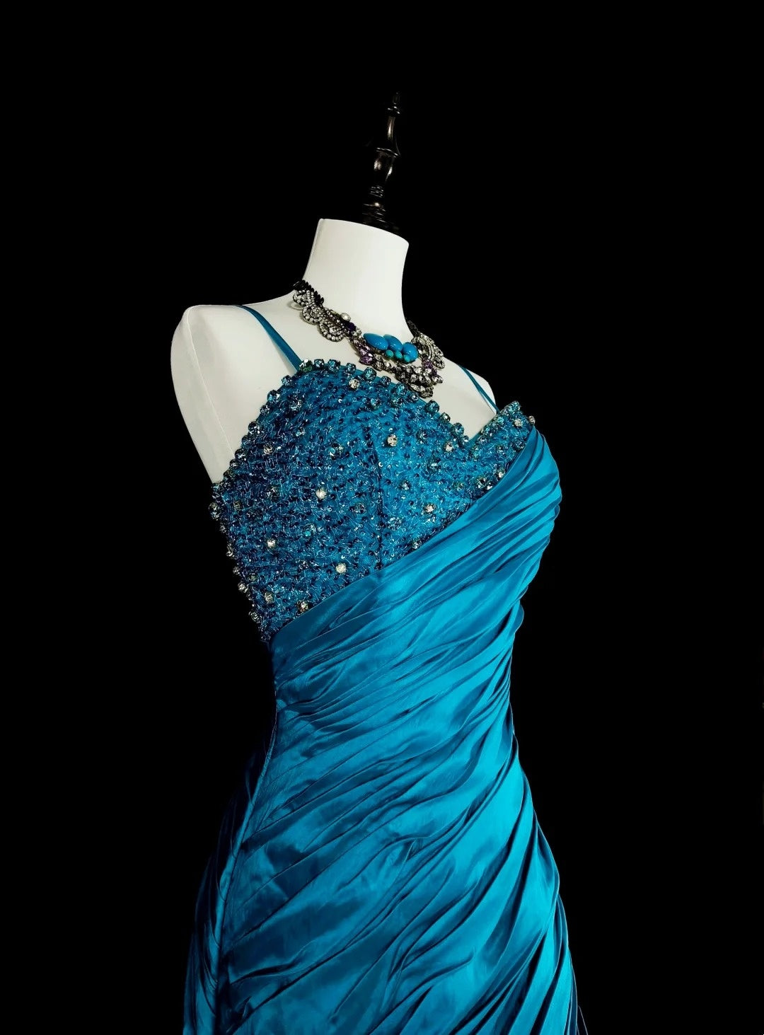 Robes de bal vintage sirène à fines bretelles bleues avec perles plissées années 1980 longue robe de soirée N2702