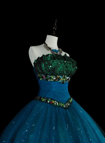 Vintage Ballkleid, trägerlos, blauer Tüll, Sweet 16 Kleider, Quinceañera Kleid, lang, Vestidos De Fiesta N1478
