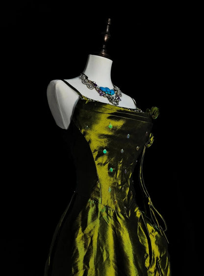 Robe de bal vintage à fines bretelles, vert olive, ornée de perles, sans manches, style années 80, longue robe de soirée formelle N1477