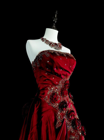 Vintage 1760s A Line Strapless Wine Red With Back Bow-knot Sleeveless Pleated Long Prom Dresses N1591