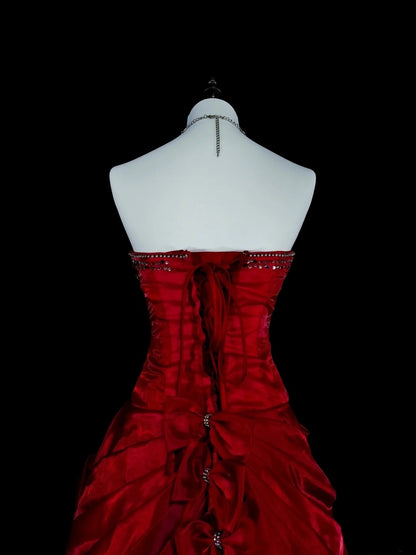 Robe de bal sirène rouge vintage sans bretelles avec perles, sans manches, années 80, longue robe de soirée formelle N1473