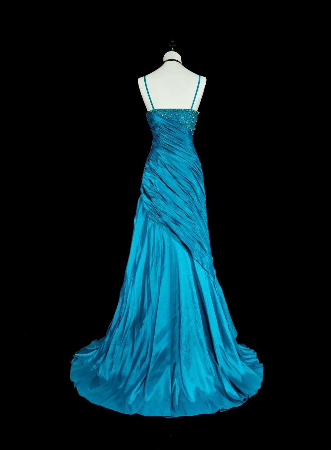 Robes de bal vintage sirène à fines bretelles bleues avec perles plissées années 1980 longue robe de soirée N2702