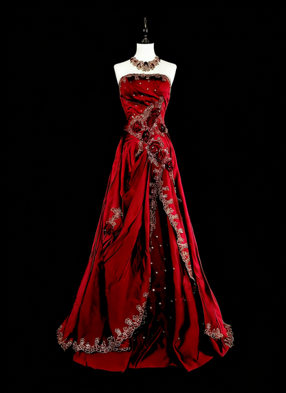 Vintage 1760s A Line Strapless Wine Red With Back Bow-knot Sleeveless Pleated Long Prom Dresses N1591