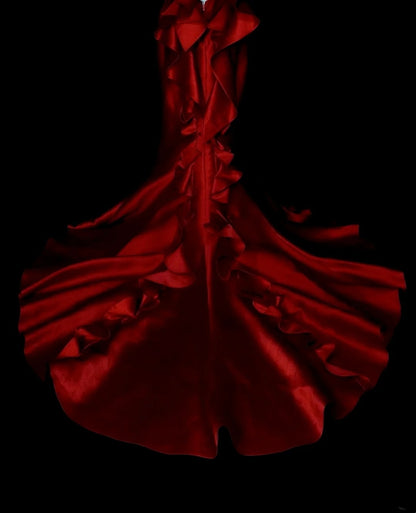 Robe de bal longue rouge vintage sirène à fines bretelles et perles, sans manches, style années 80, référence N1476