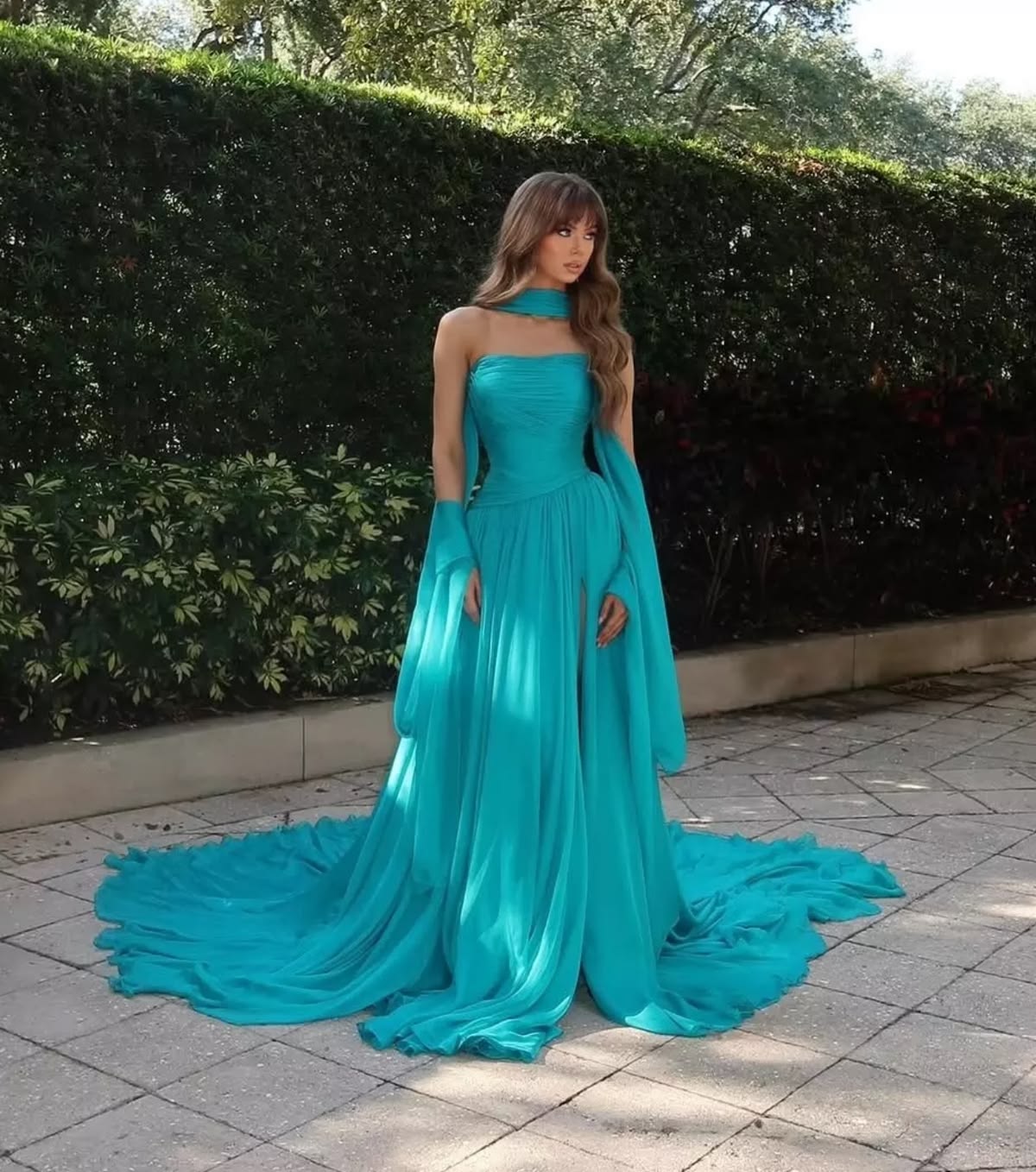 Bezauberndes, trägerloses, langes Chiffon-Abendkleid in A-Linie mit Schal, formelles Abendkleid N1019