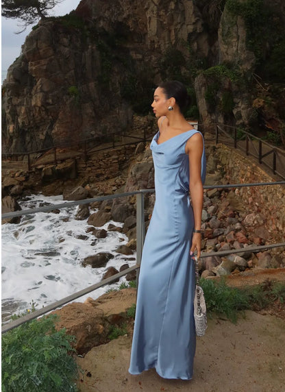 Einfaches Etuikleid Blau Rückfrei Satin Lang Ballkleid Abendkleid N2495
